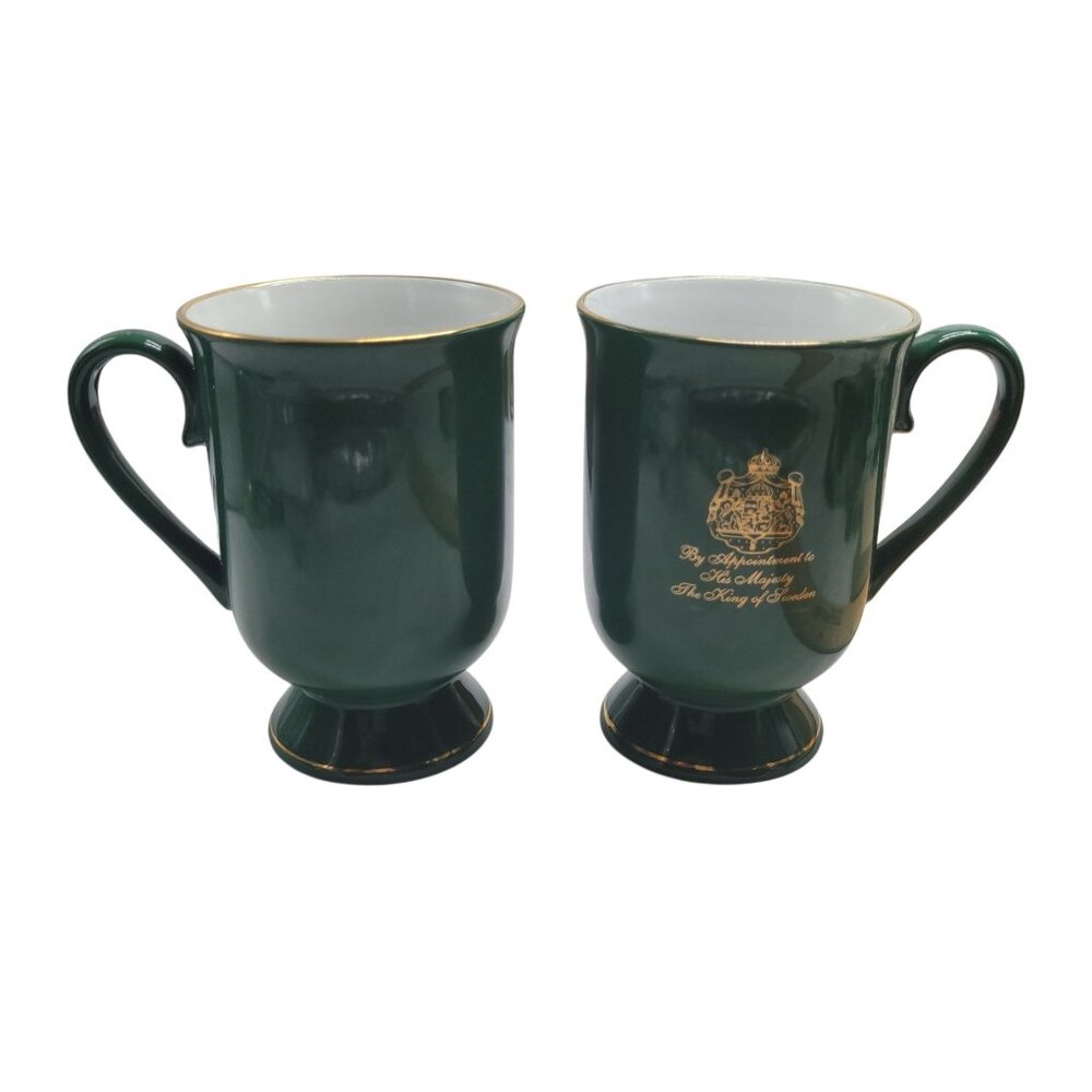 2 Gevalia Kaffe Green Footed Pedestal Mugs Gold Royal Emblem King of Sweden Coff - Picture 9 of 10